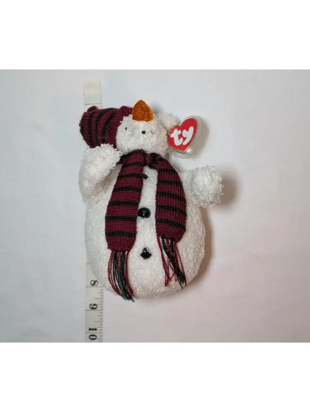 Ty Beanie Baby Snowman Plush Toy with Red and Black Striped Hat and Scarf